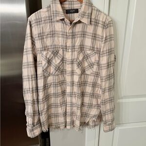 AMIRI Beige/Pink & Gray Frayed Plaid Button-Up Shirt size Small